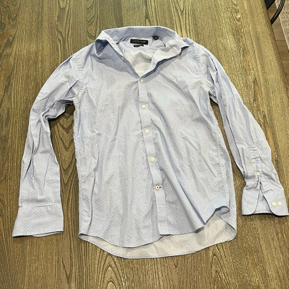 Tommy Hilfiger Mens Button-Down Shirt Slim-Fit Stretch Polka Dot Blue White Sz M